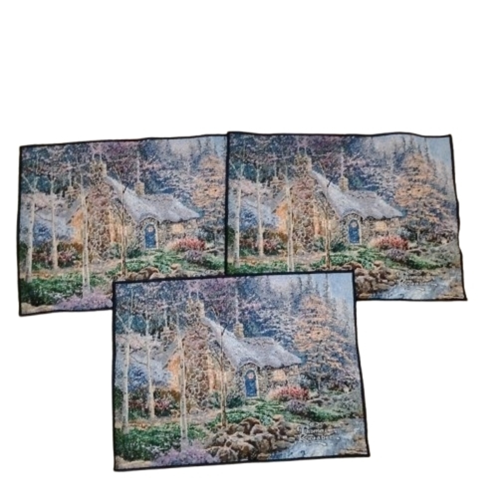 Thomas Kinkade Placemats Set Of 3 Tapestry Art Cottage In The Woods  17”x12.25”